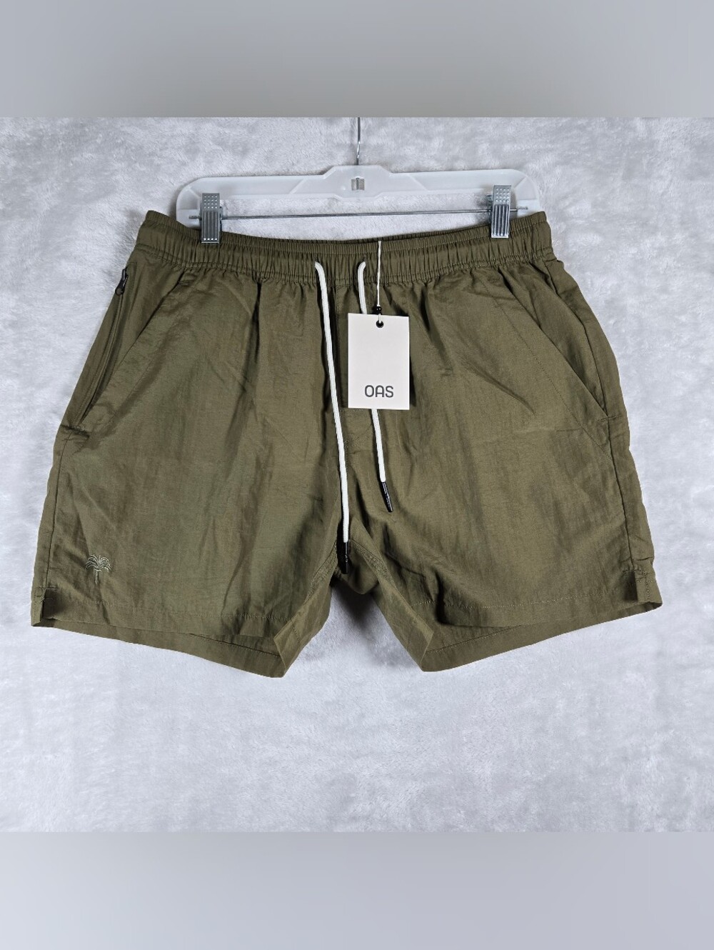 OAS Nylon Swim Shorts Men Size Large Khaki Green Lined Quick Dry 4” Inseam NWT